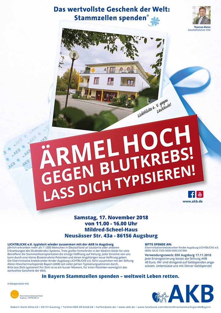 Typisierungsaktion am Samstag, 17.11.2018.
LICHTBLICKE e. V. typisiert wieder zusammen mit der AKB in Augsburg.
