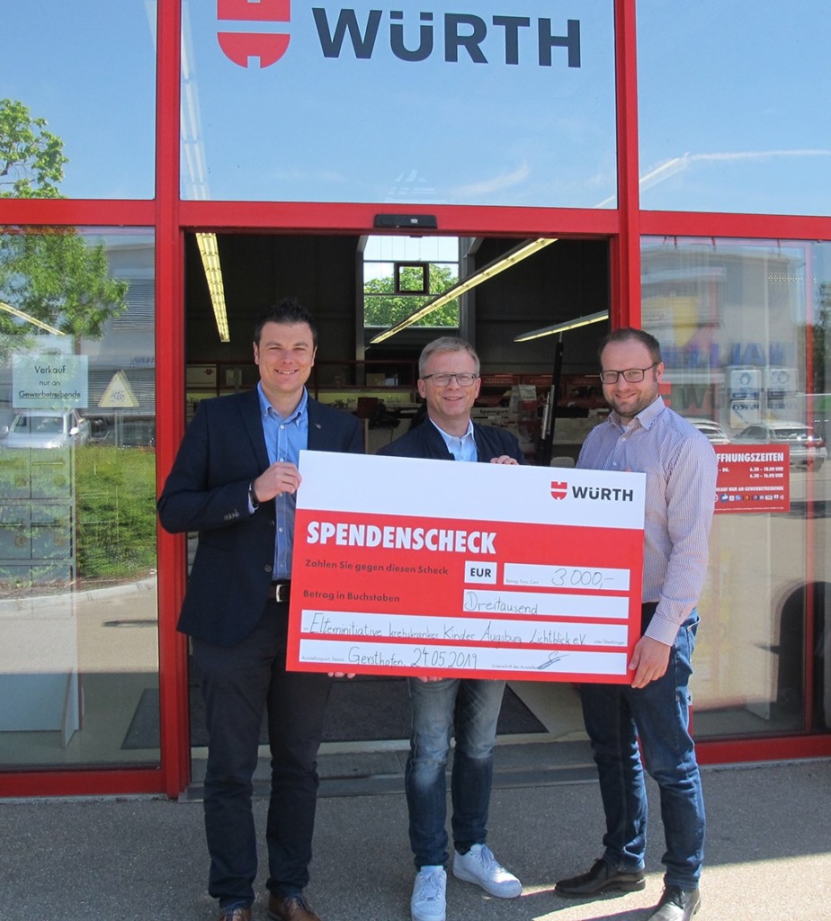 Bei einer Spendenaktion im Rahmen der POWERTAGE 2019 bei Würth, kamen in den Niederlassungen Dasing, Donauwörth, Landsberg, Gersthofen und Augsburg-Spickel insgesamt 3.000 Euro zusammen.
